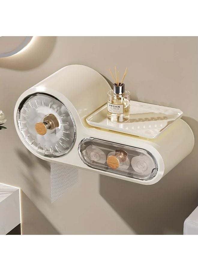 صندوق تخزين ورق التواليت المثبت على الحائط بلون الكريم، ذو حجرتين، تركيب بدون حفر، مقاوم للماء - Image 2